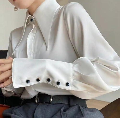 Minimalist Turn Down Collar Silk Woman Autumn Vintage Satin Blouse